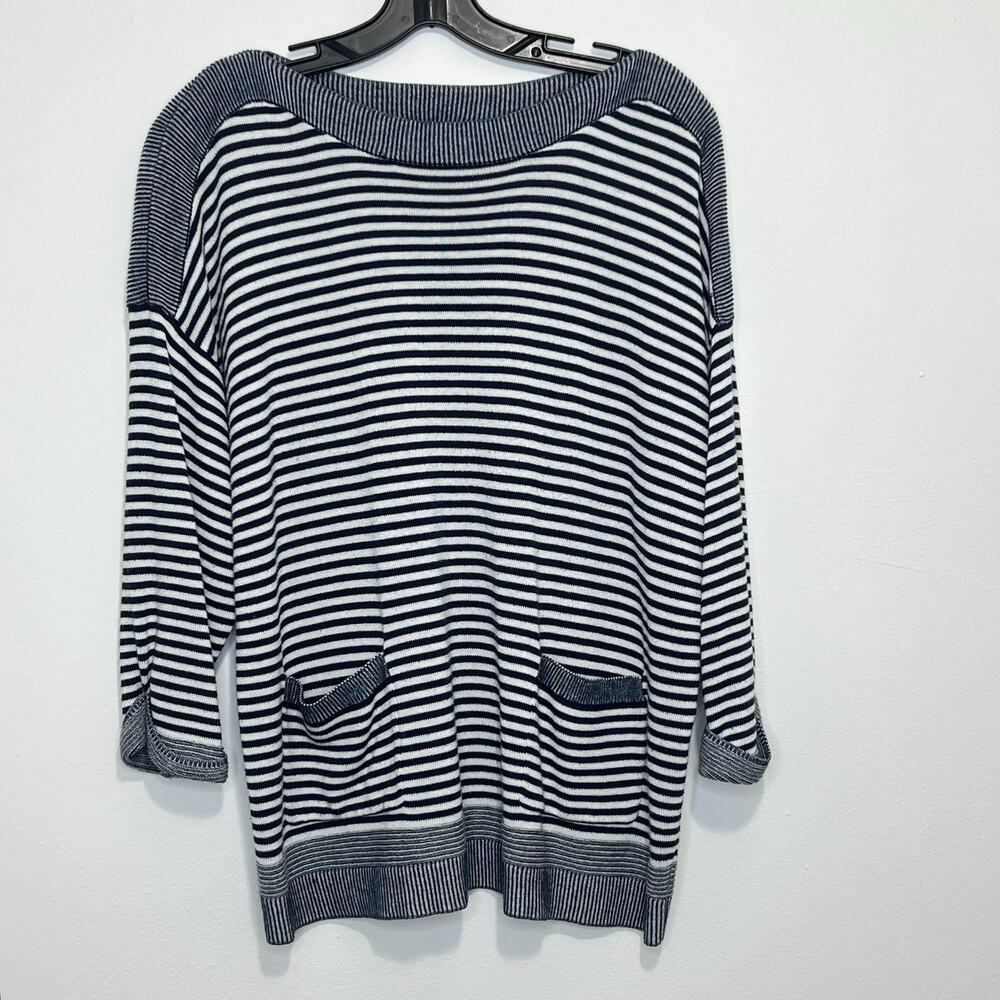 Chico’s Size 2 Women’s Navy White Striped Knit Tunic Sweater 3/4 Sleeve Pockets - Picture 1 of 10